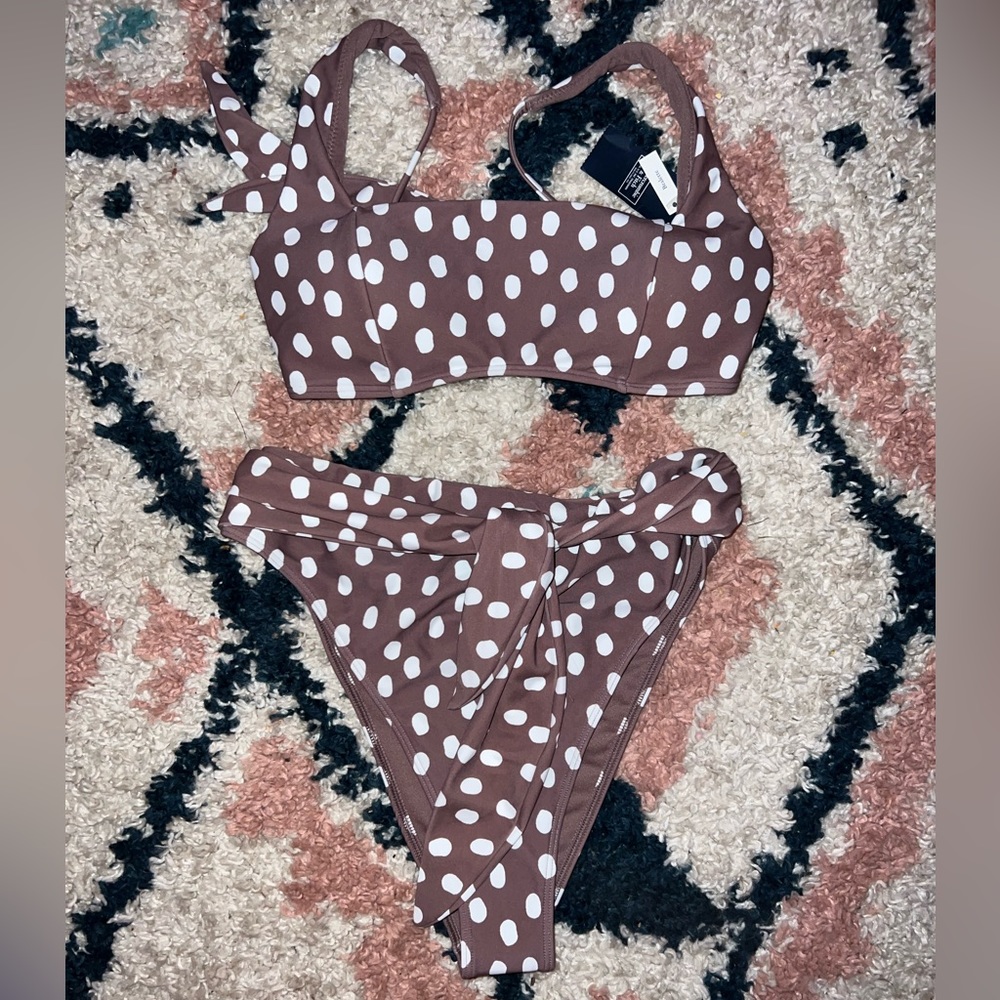 ABERCROMBIE NWT BROWN & WHITE POLKA DOT SWIM BIKINI SET SZ S, HIGH RISE HIGH LEG
